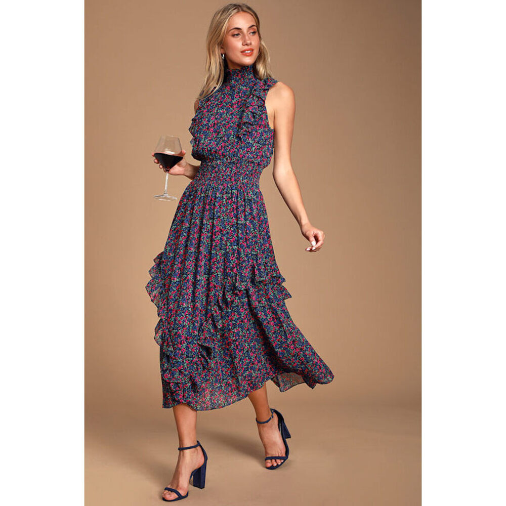 Lulus Evalina Navy Blue Floral Print Mock Neck Midi Dress - Size L - Picture 1 of 3
